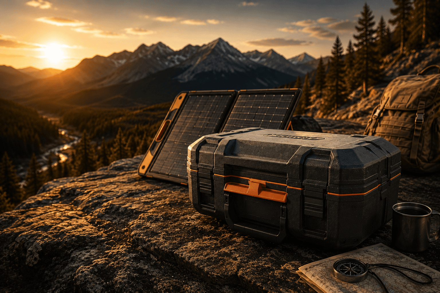 Blackout Box rugged case with solar panel on a mountain ridge at sunset