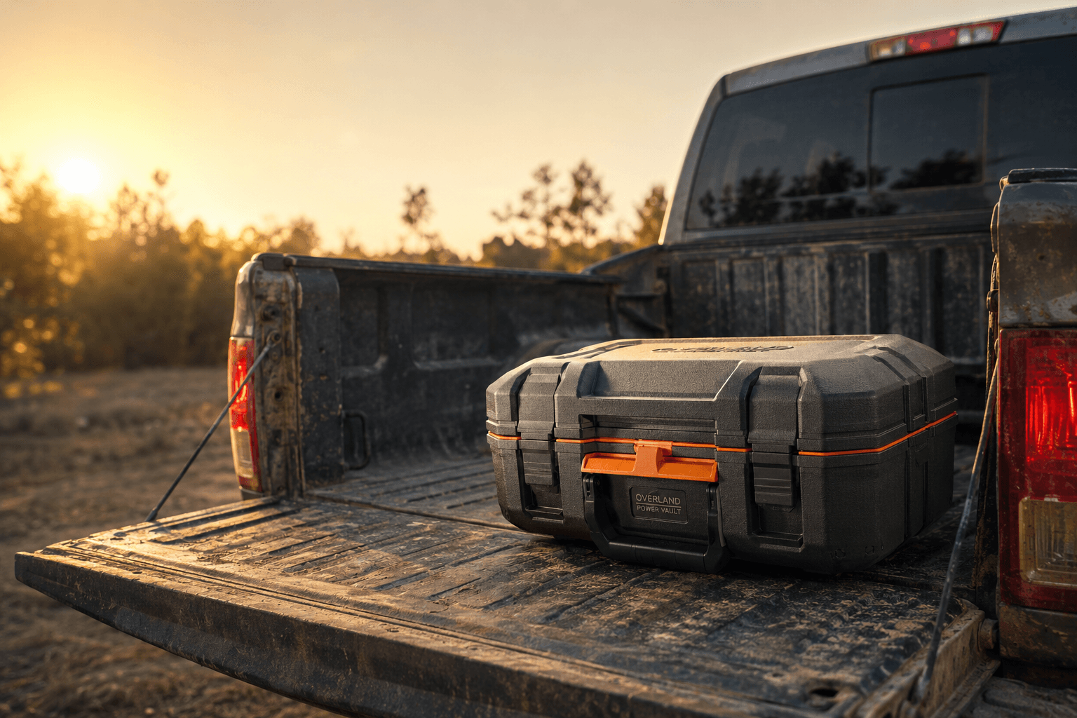 Blackout Box rugged case sitting in a truck bed at golden hour